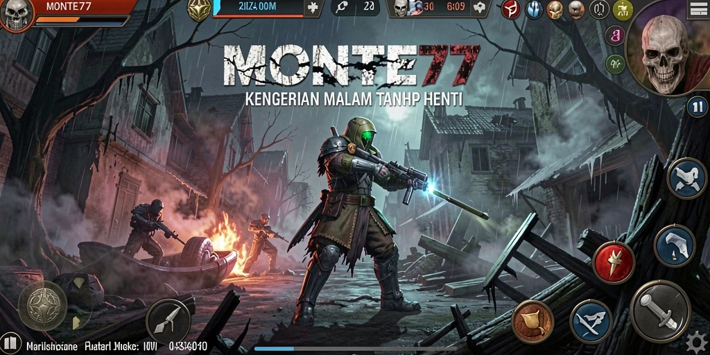 Screenshot gameplay MONTE77 menampilkan karakter menghadapi makhluk horor di kegelapan.