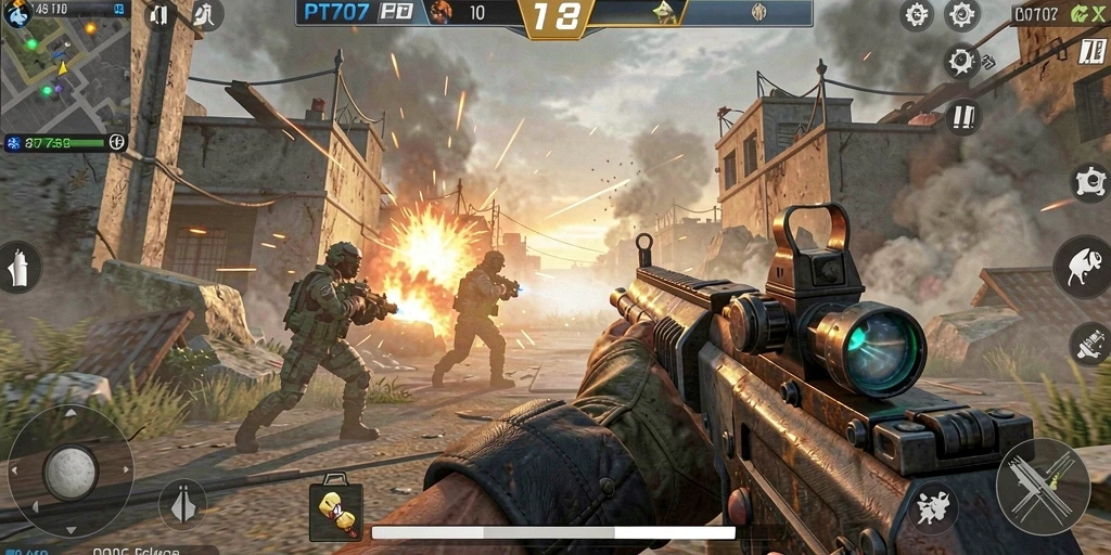 Screenshot menunjukkan aksi intens dari gameplay FPS PT707.